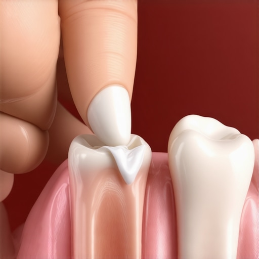 A person applying orthodontic wax to a sharp chipped molar for temporary protection.