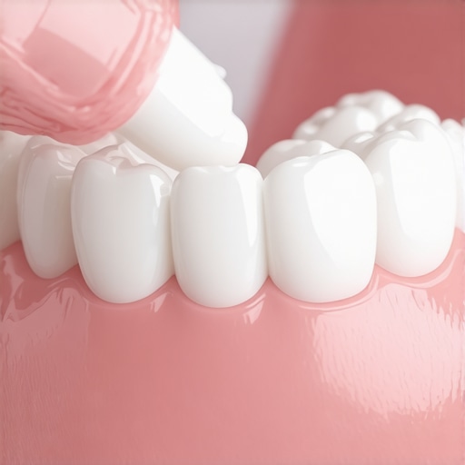 Applying temporary dental cement to a bridge A person applying temporary adhesive to a loose dental bridge before reseating it