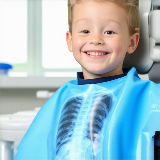 A young boy wearing a lead apron for dental X-rays, smiling during his pediatric dental visit.