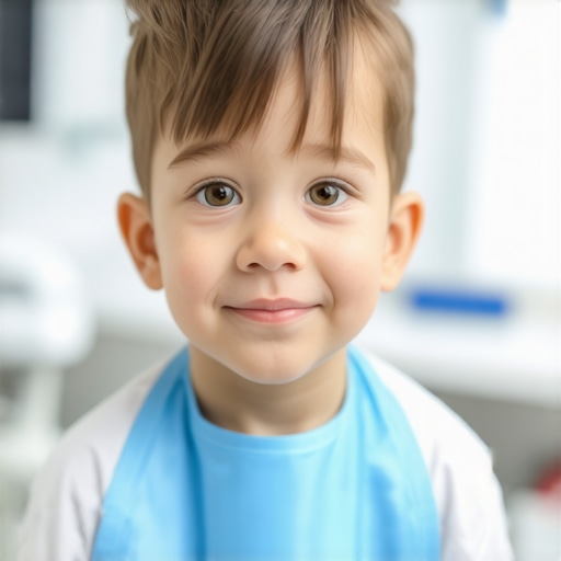 Brave child wearing a lead dental apron A young boy wearing a lead shield apron during a dental visit to prepare for X-rays.