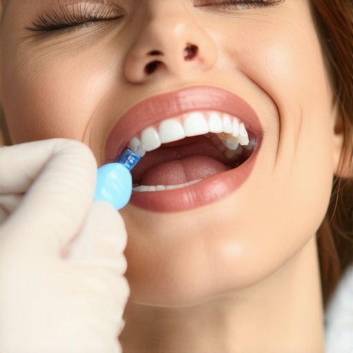 A dentist using blue articulating paper to test the occlusal balance of a dental implant to stop vibrations.