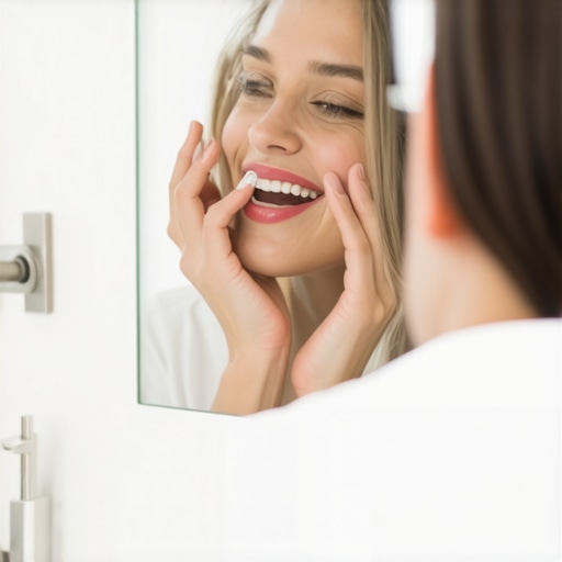 A person examining their gums in the mirror to identify denture sore spots.