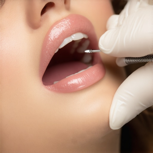Checking Implant Bite Alignment Dentist using blue articulating paper to check for high spots on a dental implant crown.