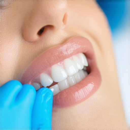 Checking the Occlusion of a Dental Implant A dentist using blue bite-registration paper to adjust the height of a new implant crown.