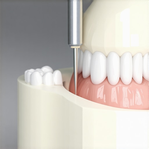 Macro view of dental professional inspecting the margin of a porcelain veneer on a tooth model.
