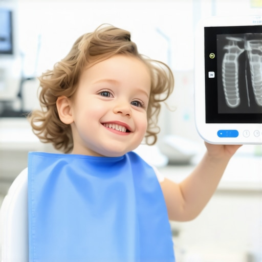Child comfortably wearing a dental x-ray apron A young boy smiling while wearing a lead dental apron during an x-ray appointment.