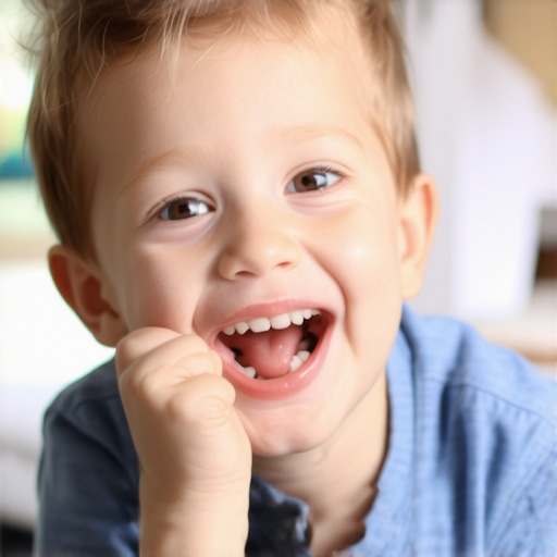 Close-up of a child showing a permanent tooth erupting behind a baby tooth