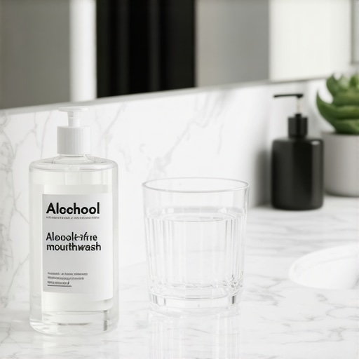 Choosing the Right Alcohol-Free Mouthwash A bottle of alcohol-free mouthwash on a bathroom counter representing healthy oral care habits.