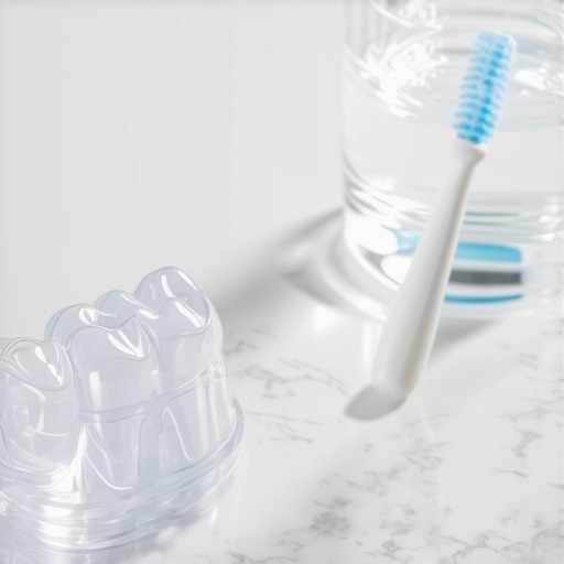 Clean dental night guard on a bathroom counter A clear dental night guard and cleaning tools on a modern bathroom counter.