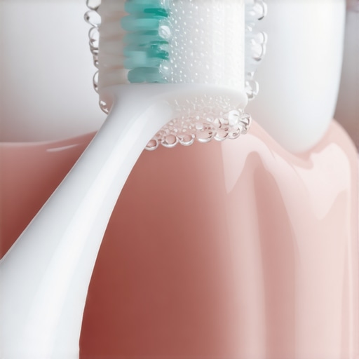 Cleaning Dental Restorations with Electric Brush Close-up of electric toothbrush angled at 45 degrees against a dental crown margin.