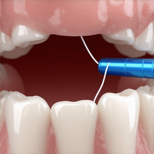 Cleaning Under a Dental Bridge Close-up of a person using a floss threader to clean under a dental bridge for oral hygiene