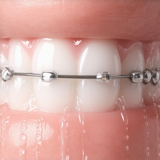 A close up of a person using a water flosser to clean the metal wire of a permanent retainer behind the lower teeth.