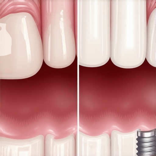 A detailed medical illustration comparing the structural foundation of a dental bridge versus a dental implant.