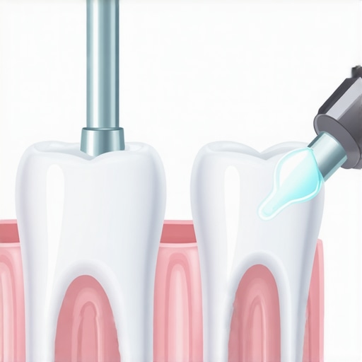 Comparison of Natural Tooth vs Dental Implant Gum Seal A diagram showing how water flossing pressure affects the delicate seal around a dental implant compared to a natural tooth.