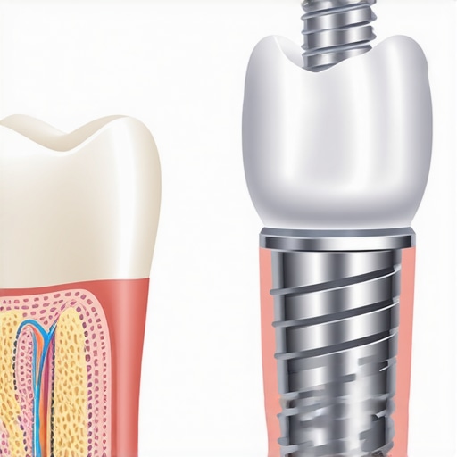 Comparison of Natural Tooth vs Dental Implant Structure Diagram illustrating the anatomical difference between a natural tooth and a dental implant in the jawbone.