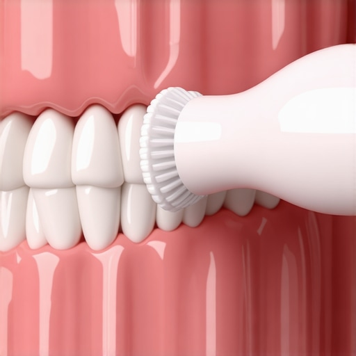 Correct Electric Toothbrush Placement Close up of toothbrush bristles at 45 degree angle against gums