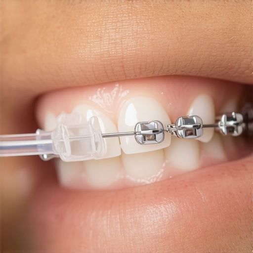 Correct orthodontic wax application for braces comfort A person applying protective dental wax to a metal bracket on their braces to soothe cheek irritation.