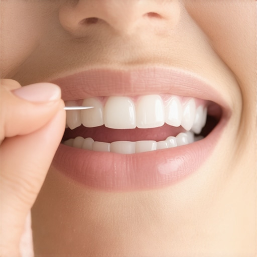 A demonstration of how to safely floss around a temporary dental crown using the horizontal side-pull method.