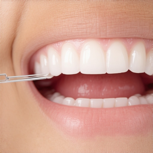 Correct sideways flossing technique for temporary crowns Close-up of dental floss being pulled laterally from a temporary crown to prevent dislodging.