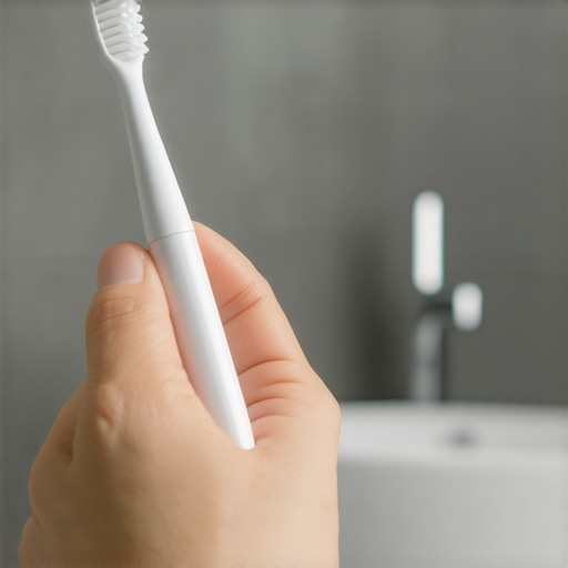 Correct toothbrush grip and angle for gum protection Close-up showing the pencil grip and 45-degree angle technique for gentle tooth brushing.