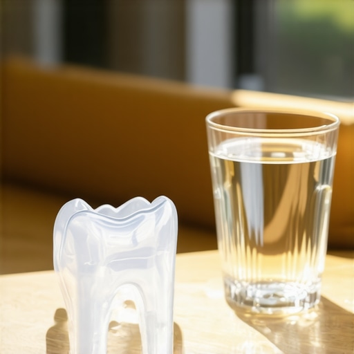 A clear custom-made dental night guard resting on a nightstand to prevent teeth grinding.