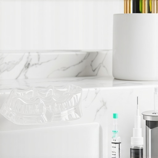 Professional custom-fitted dental whitening trays and gel syringe on a marble surface.