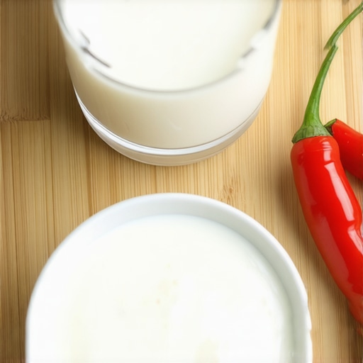 Dairy remedies for spicy food burn A glass of milk and a bowl of yogurt next to a red chili pepper illustrating how to cool a spicy burn.