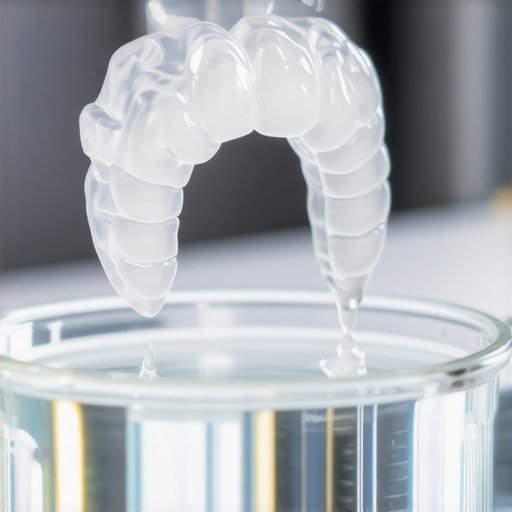 A clear dental retainer soaking in a glass bowl of water and vinegar for disinfection.