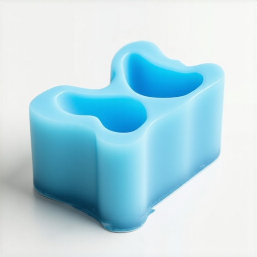 A blue rubber bite block used to rest the jaw during long dental procedures.