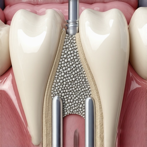 Dental Bone Grafting Procedure Illustration Diagram of a dental bone graft being placed into a jawbone socket to prevent bone loss.