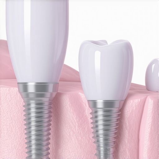 Dental Implant Biomechanics and Tissue Integration Close-up of a dental implant showing healthy gum integration and emergence profile.