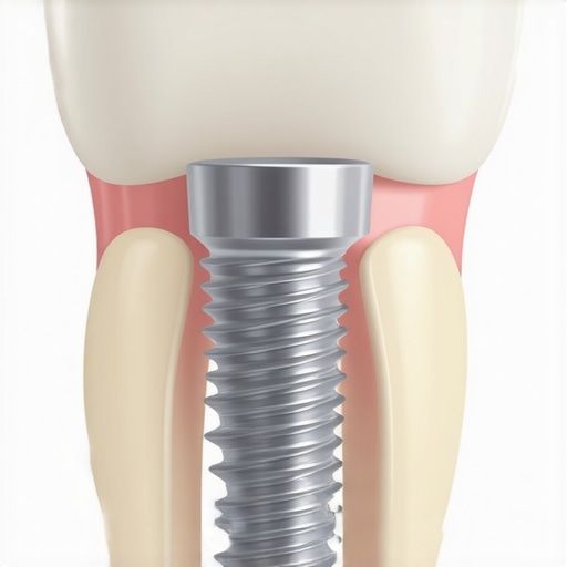 An illustration showing how a dental implant post sits within the jawbone tissue.