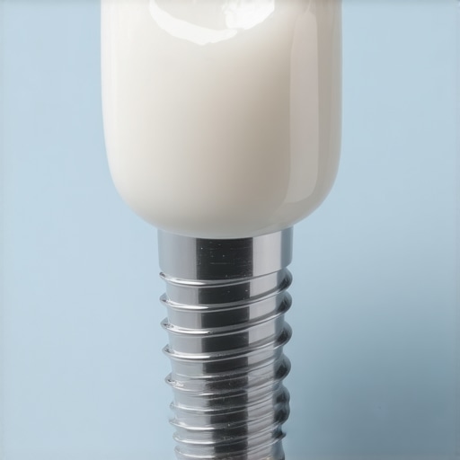 Dental Implant Components A detailed view of the three parts of a dental implant: the titanium post, the abutment, and the porcelain crown.