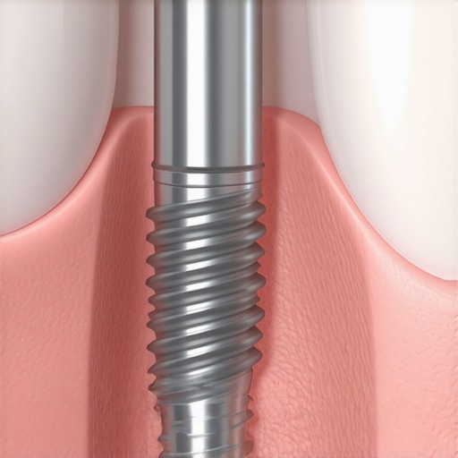Close-up medical diagram of a dental implant integrated into the jawbone.
