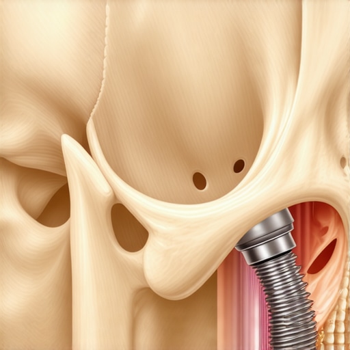 Dental Implant Proximity to Maxillary Sinus Anatomical view of a dental implant near the sinus cavity showing potential pressure points.