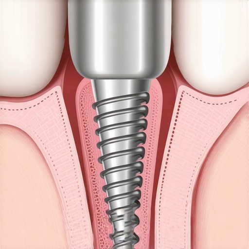 Cross-section of a dental implant showing its connection to the jawbone and gum line.