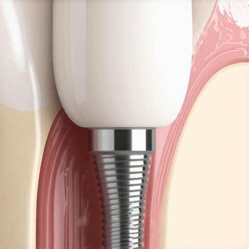 Dental Implant Structural Integrity Illustration Close up of a dental implant model showing the crown and titanium post in the jawbone