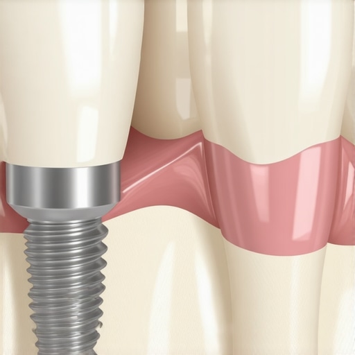 Medical illustration showing the proximity of a dental implant to the maxillary sinus floor.