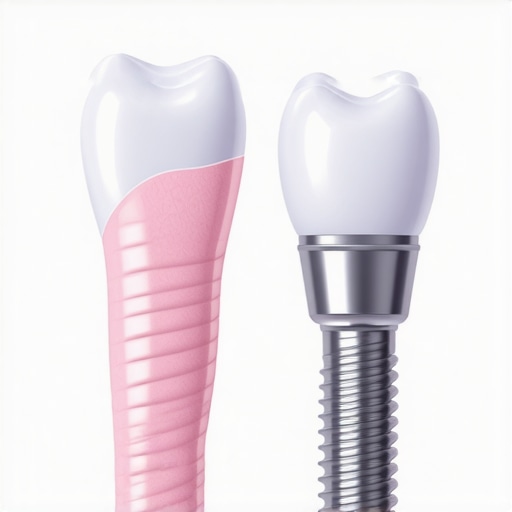 Dental Implant vs Natural Tooth Anatomy An illustration comparing a natural tooth with a periodontal ligament to a dental implant integrated into the jawbone.