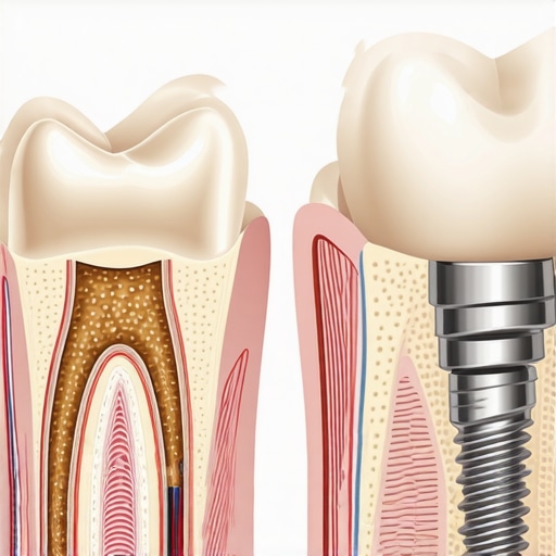 Anatomical comparison of a natural tooth root and a dental implant showing the difference in gum attachment.