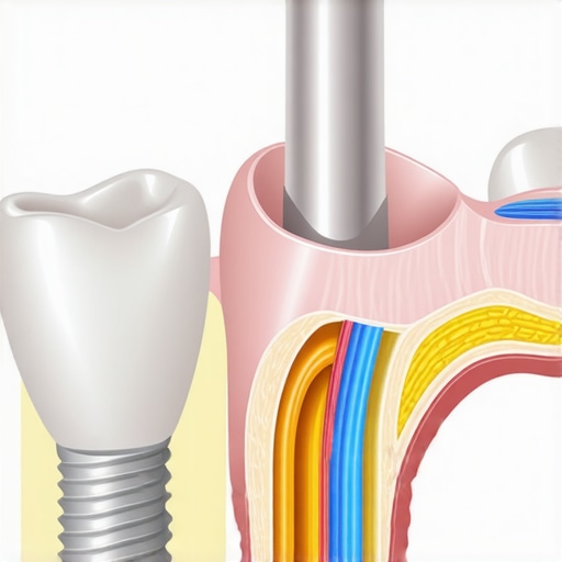 Detailed comparison of a dental implant and natural tooth anatomy showing the lack of a periodontal ligament in implants.