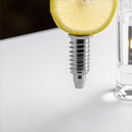A dental implant model next to a glass of water to illustrate the link between systemic health and oral hardware.