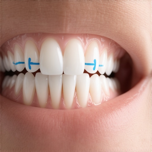A dental patient's teeth marked with blue articulating paper to check for bite imbalances and alignment issues.