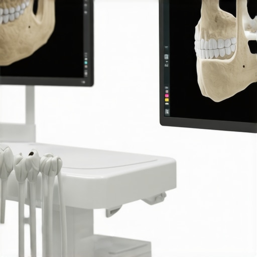 High-tech 3D dental scan on a computer monitor showing cosmetic dentistry planning.