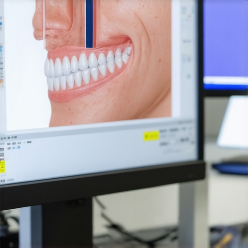 A 3D digital dental scan showing a widened tooth arch on a computer monitor.