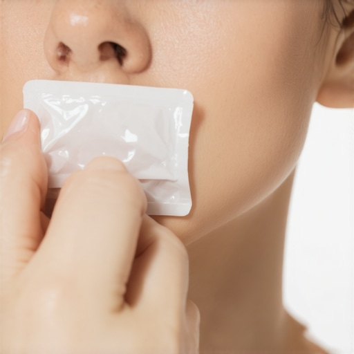 Effective Cold Therapy for Dental Implant Recovery Person using a cold compress on their jaw to reduce heat and swelling after dental implant surgery.