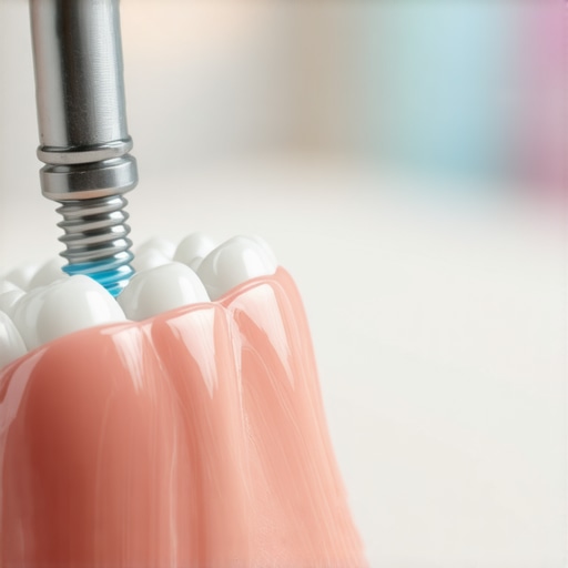 A high-definition close-up showing a water flosser cleaning the gum line around a dental implant crown.