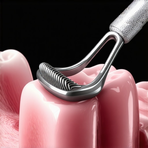 A metal tongue scraper removing white biofilm from the surface of a tongue.