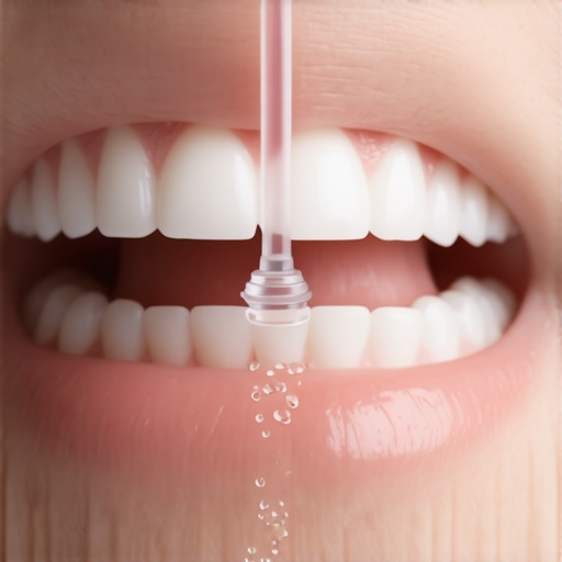 Professional water flosser cleaning a dental implant and crown