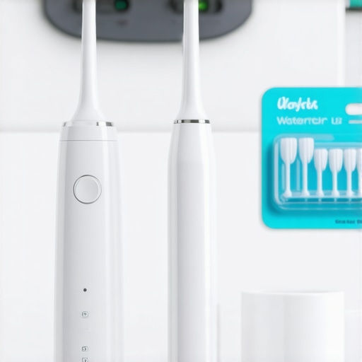 Professional water flosser and soft-picks for veneer and implant care on a bathroom counter.